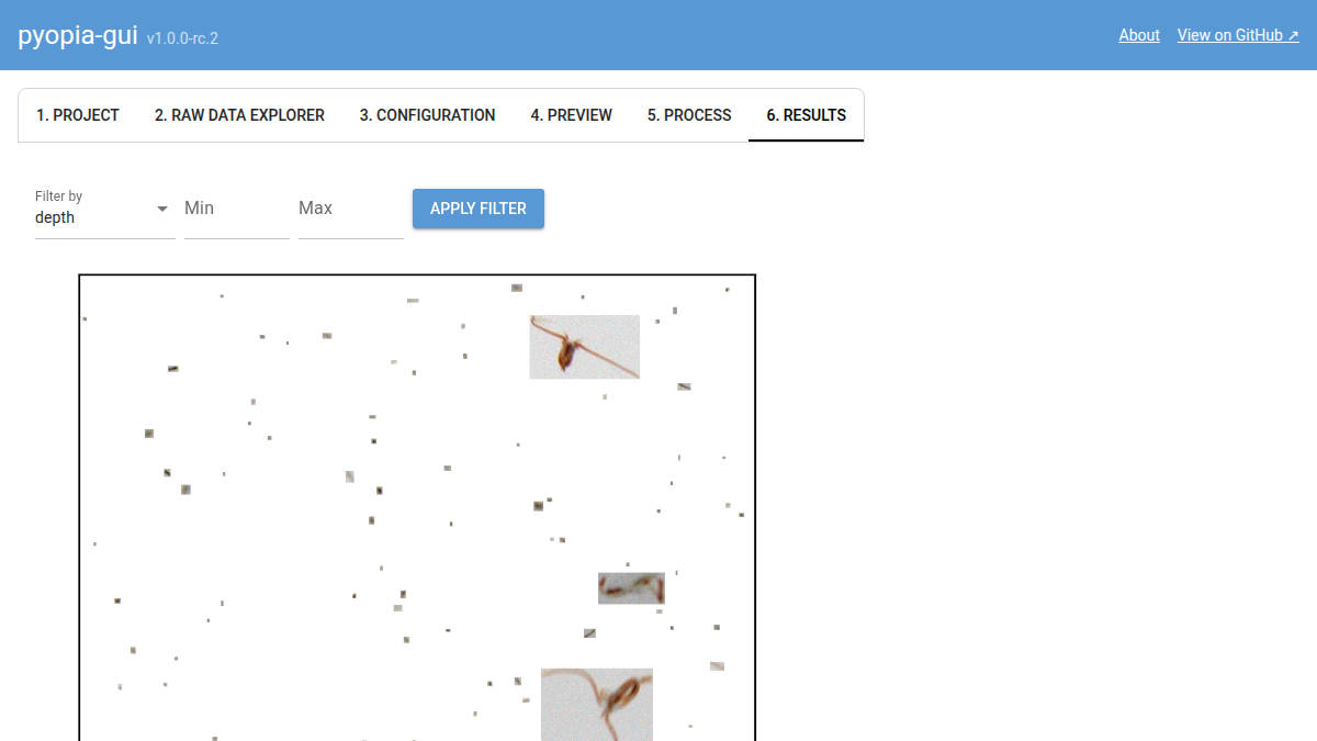 pyopia-gui interface showing the Results tab with a particle montage from a processed sample