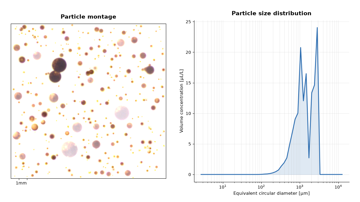 PyOPIA particle montage and size distribution plot generated from a sample SilCam image